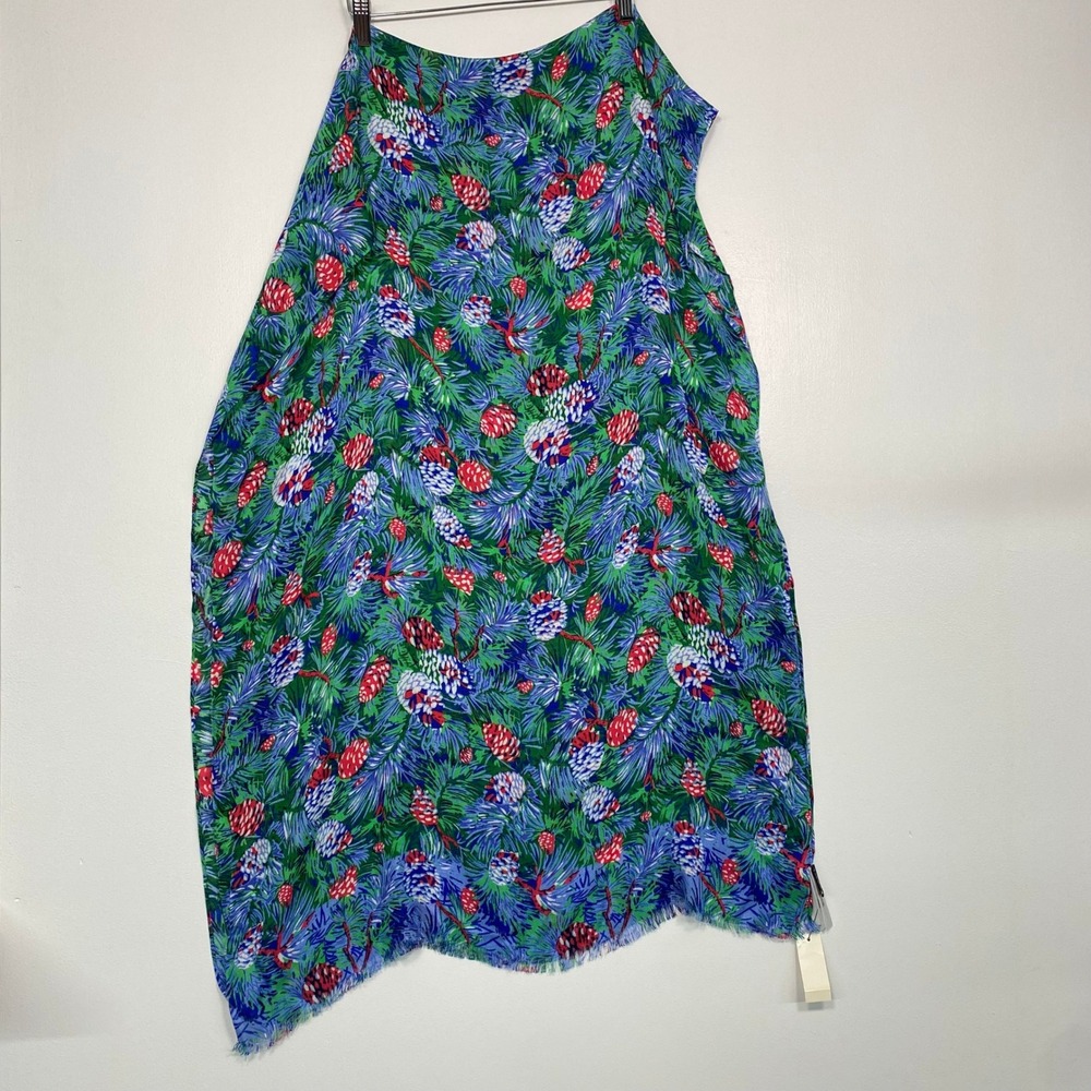 Talbots Womens Scarf One Size Green Blue Red Pinecone Print Fringed Viscose NWT - Picture 4 of 12